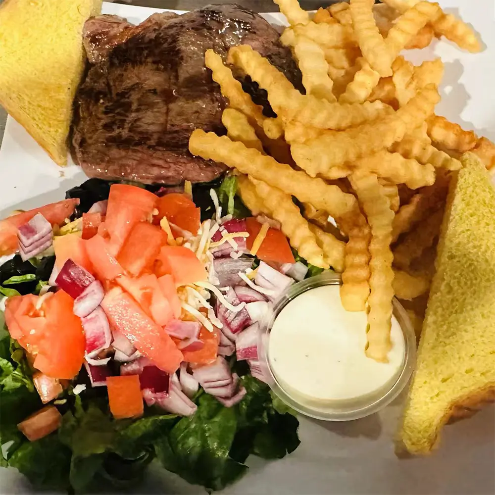 This is 10oz top sirloin steak come with dinner salad , and French fries