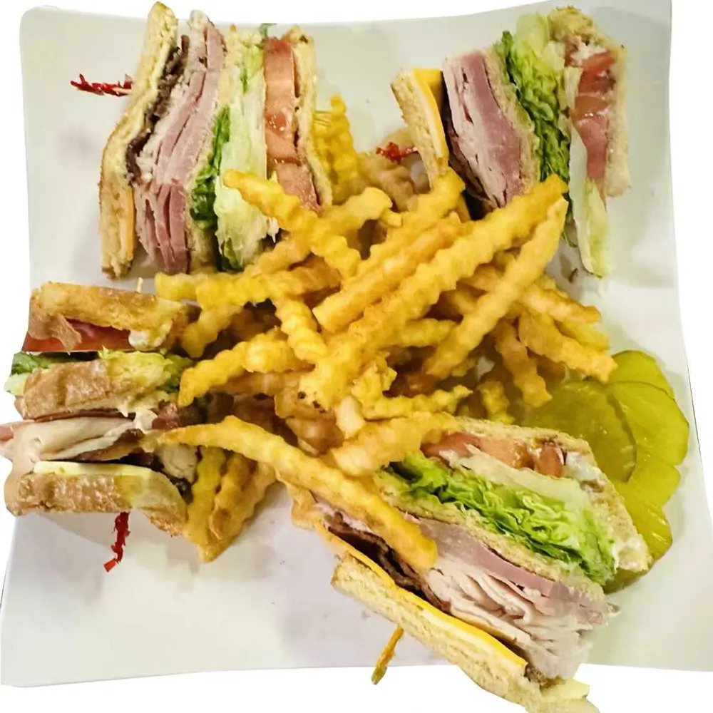 Comes with slice turkeys, hams, bacons, American and Swiss cheese, lettuce, tomato on white bread